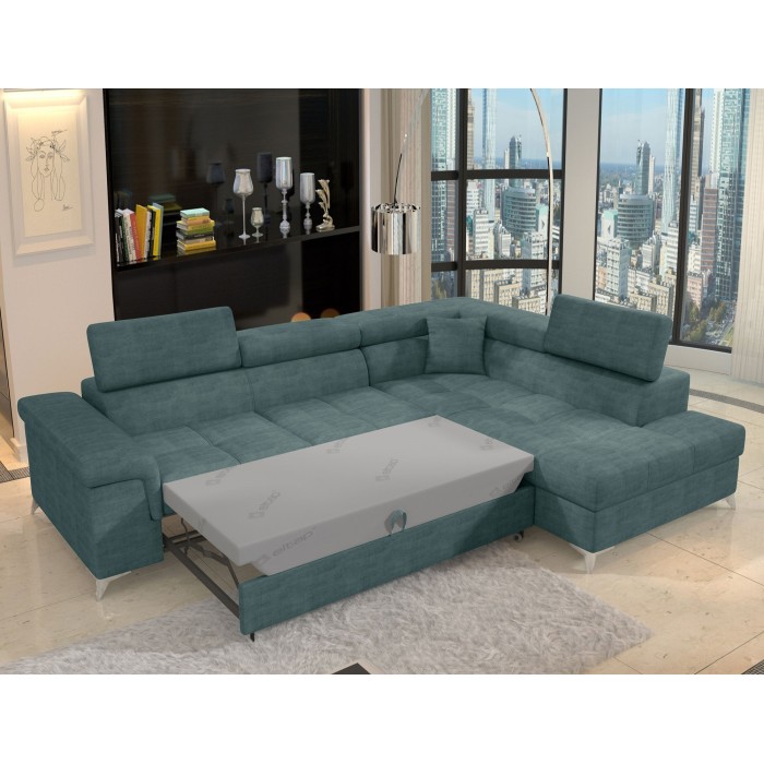 Canapé d’angle convertible PALAZZO 4 places vert bleu – angle droit avec coffre 