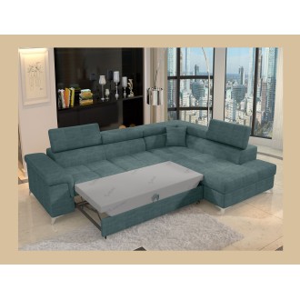 Canapé d’angle convertible PALAZZO 4 places vert bleu – angle droit avec coffre 