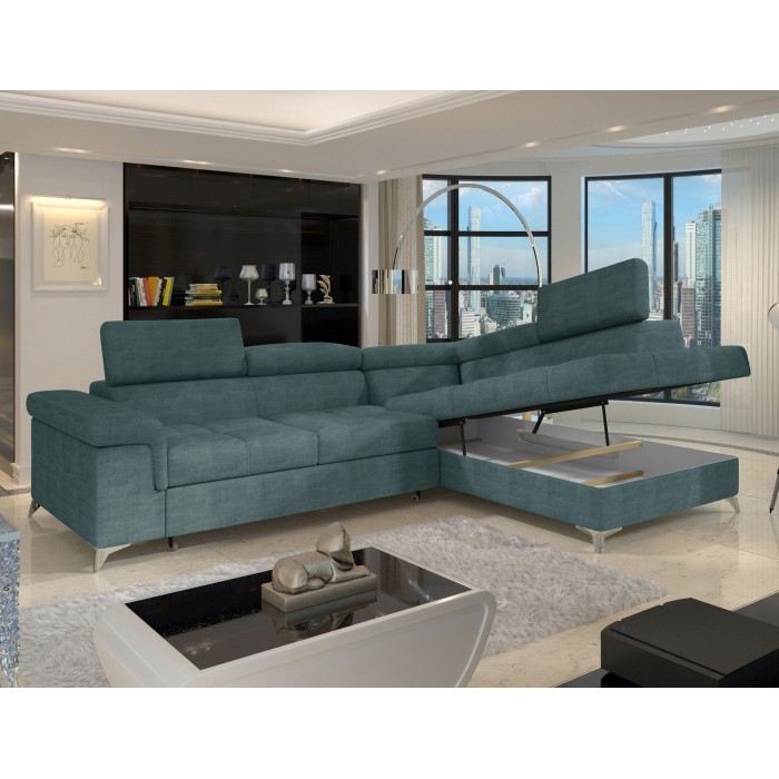 Canapé d’angle convertible PALAZZO 4 places vert bleu – angle droit avec coffre 
