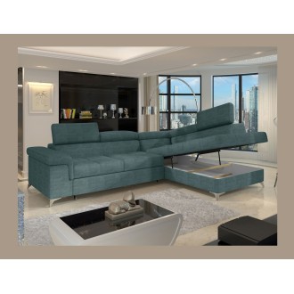 Canapé d’angle convertible PALAZZO 4 places vert bleu – angle droit avec coffre 