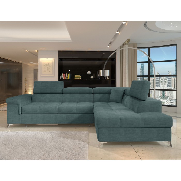 Canapé d’angle convertible PALAZZO 4 places vert bleu – angle droit avec coffre 