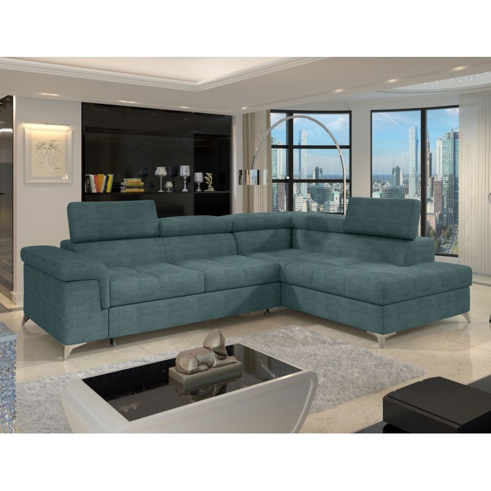 Canapé d’angle convertible PALAZZO 4 places vert bleu – angle droit avec coffre 