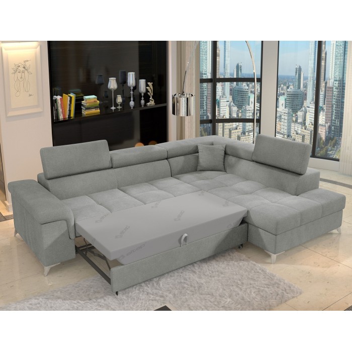Canapé d’angle convertible PALAZZO 4 places gris clair – angle droit avec coffre 