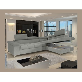 Canapé d’angle convertible PALAZZO 4 places gris clair – angle droit avec coffre 