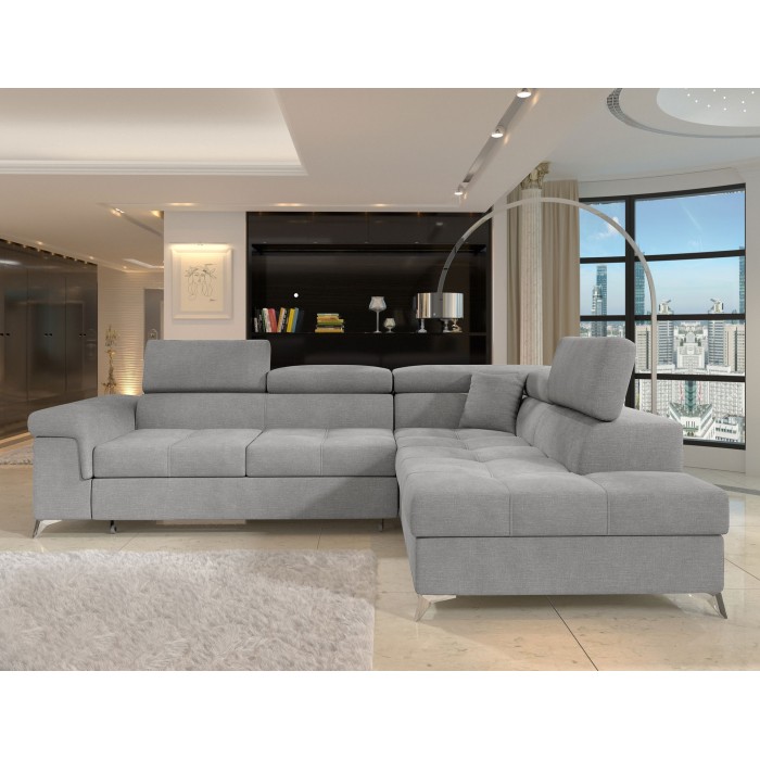 Canapé d’angle convertible PALAZZO 4 places gris clair – angle droit avec coffre 