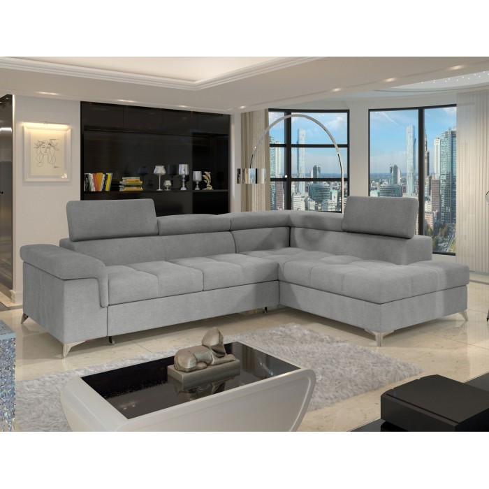 Canapé d’angle convertible PALAZZO 4 places gris clair – angle droit avec coffre 