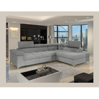 Canapé d’angle convertible PALAZZO 4 places gris clair – angle droit avec coffre 