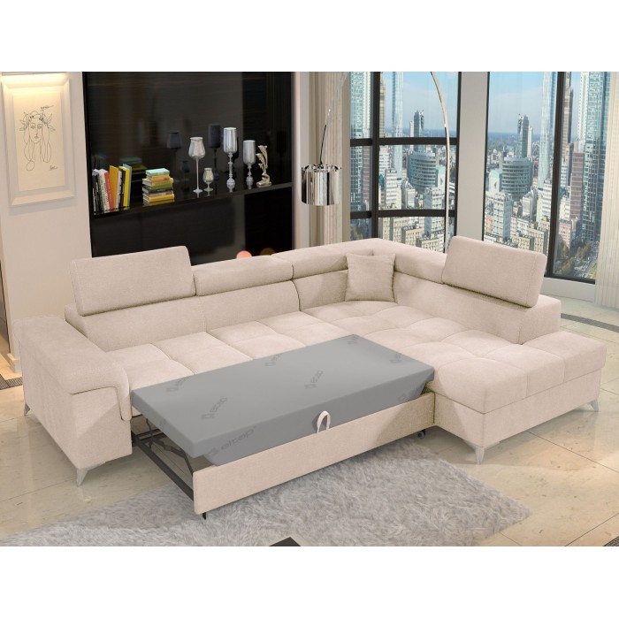 Canapé d’angle convertible PALAZZO 4 places beige – angle droit avec coffre 