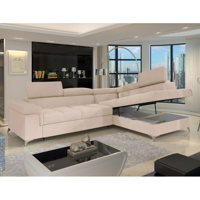 Canapé d’angle convertible PALAZZO 4 places beige – angle droit avec coffre 