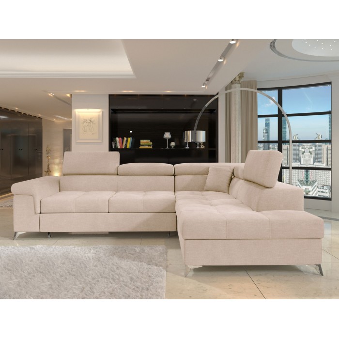 Canapé d’angle convertible PALAZZO 4 places beige – angle droit avec coffre 