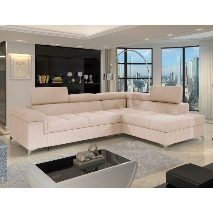 Canapé d’angle convertible PALAZZO 4 places beige – angle droit avec coffre 