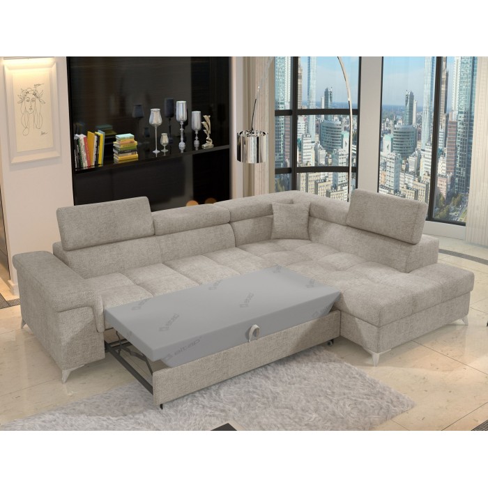 Canapé d’angle convertible PALAZZO 4 places beige – angle droit avec coffre 