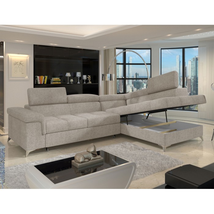 Canapé d’angle convertible PALAZZO 4 places beige – angle droit avec coffre 