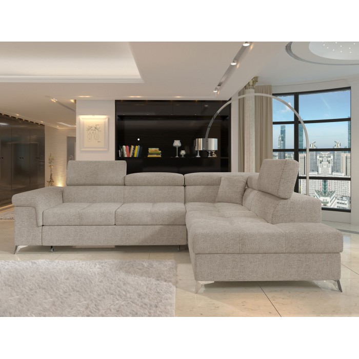 Canapé d’angle convertible PALAZZO 4 places beige – angle droit avec coffre 