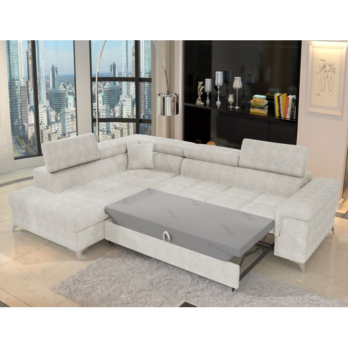 Canapé d’angle convertible PALAZZO 4 places beige – angle gauche avec coffre 