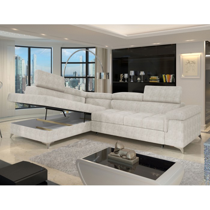 Canapé d’angle convertible PALAZZO 4 places beige – angle gauche avec coffre 