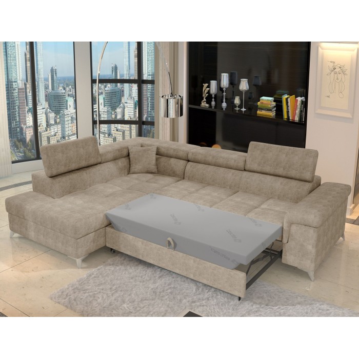 Canapé d’angle convertible PALAZZO 4 places beige – angle gauche avec coffre 