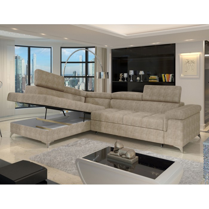 Canapé d’angle convertible PALAZZO 4 places beige – angle gauche avec coffre 