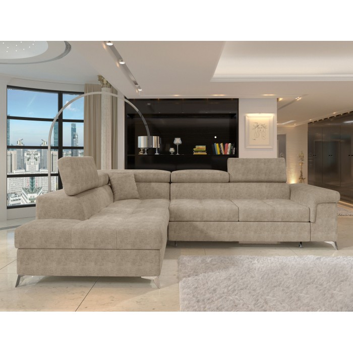 Canapé d’angle convertible PALAZZO 4 places beige – angle gauche avec coffre 
