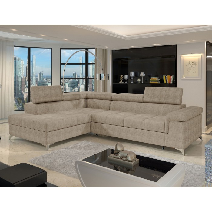 Canapé d’angle convertible PALAZZO 4 places beige – angle gauche avec coffre 