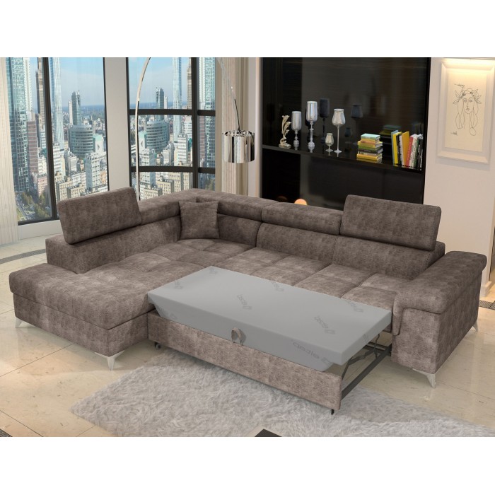 Canapé d’angle convertible PALAZZO 4 places marron – angle gauche avec coffre 