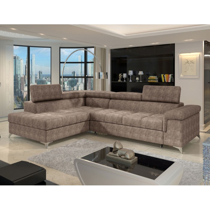Canapé d’angle convertible PALAZZO 4 places marron – angle gauche avec coffre 