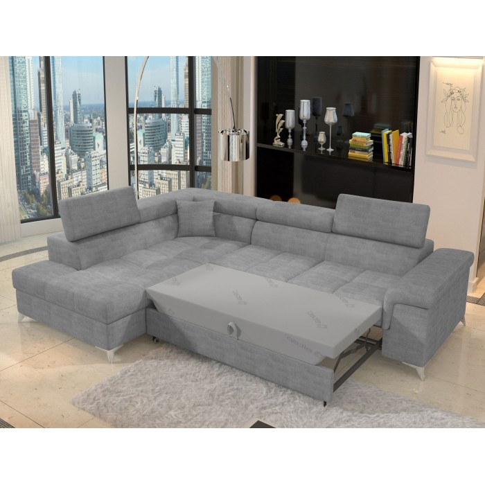 Canapé d’angle convertible PALAZZO 4 places gris – angle gauche avec coffre 