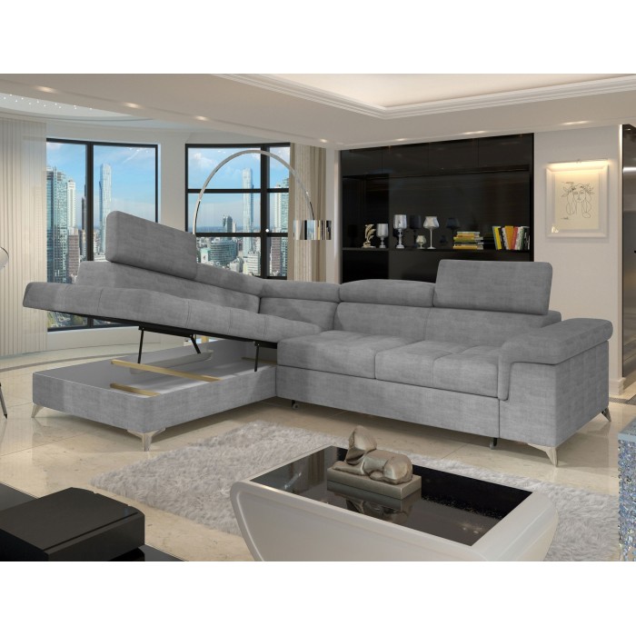 Canapé d’angle convertible PALAZZO 4 places gris – angle gauche avec coffre 