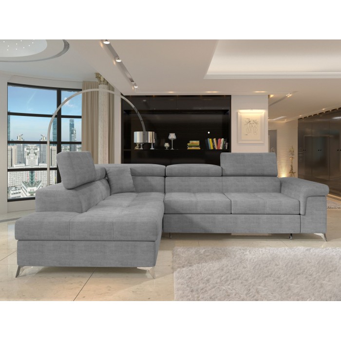Canapé d’angle convertible PALAZZO 4 places gris – angle gauche avec coffre 