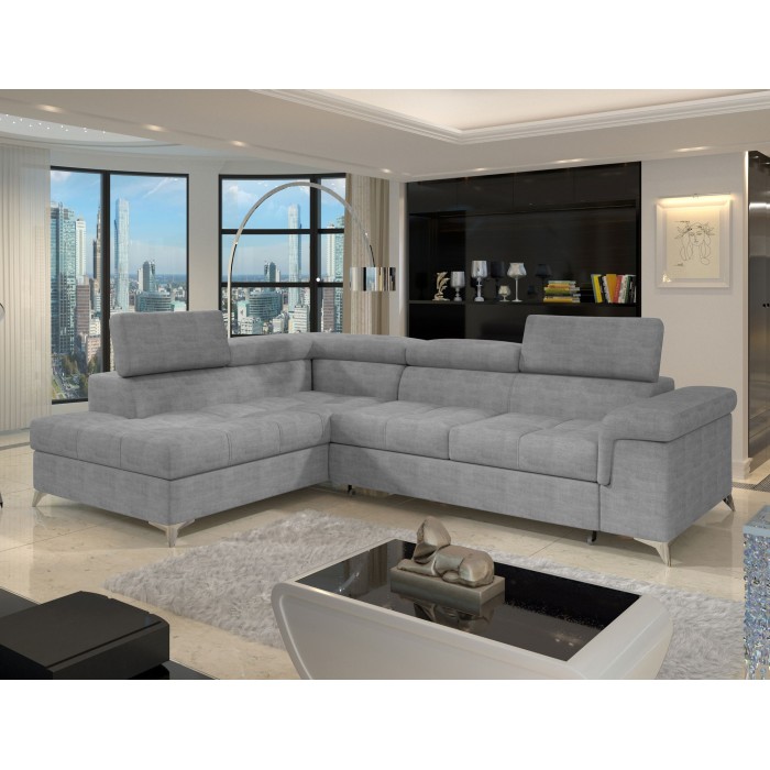 Canapé d’angle convertible PALAZZO 4 places gris – angle gauche avec coffre 