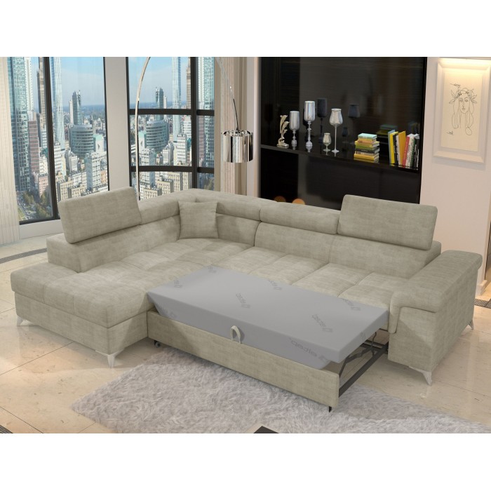 Canapé d’angle convertible PALAZZO 4 places beige – angle gauche avec coffre 