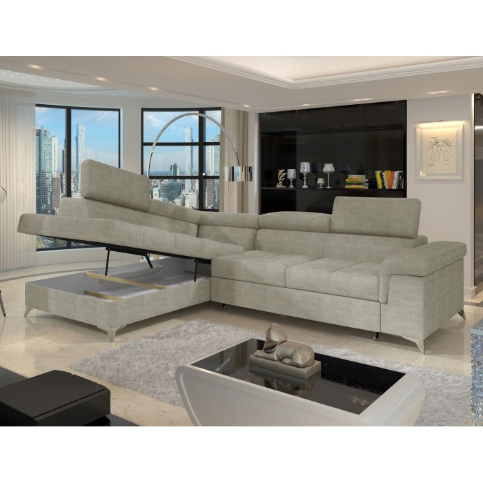 Canapé d’angle convertible PALAZZO 4 places beige – angle gauche avec coffre 