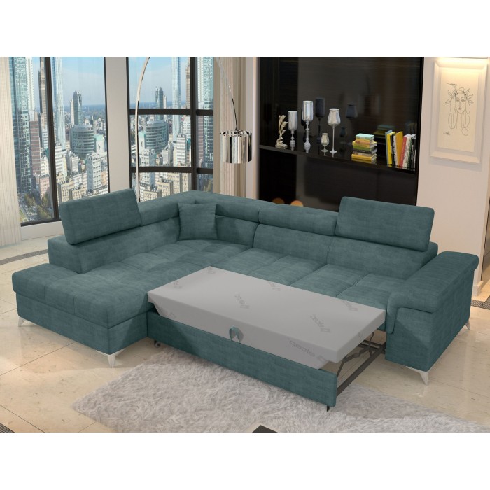 Canapé d’angle convertible PALAZZO 4 places vert bleu – angle gauche avec coffre 