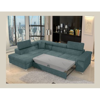 Canapé d’angle convertible PALAZZO 4 places vert bleu – angle gauche avec coffre 