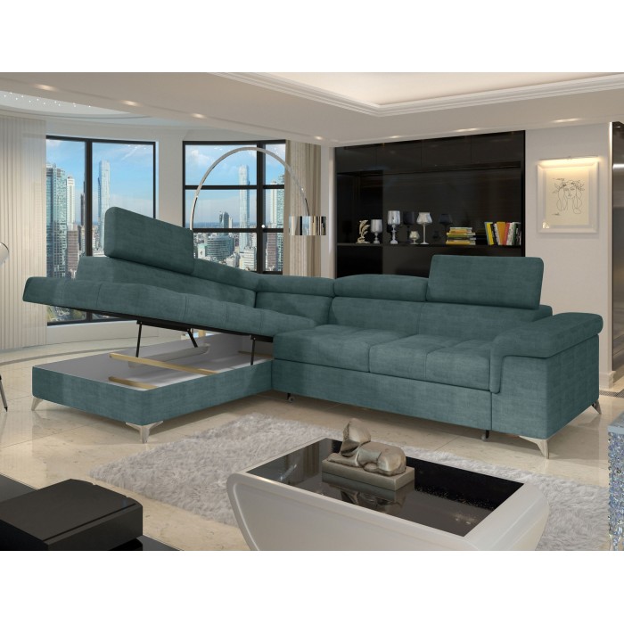 Canapé d’angle convertible PALAZZO 4 places vert bleu – angle gauche avec coffre 
