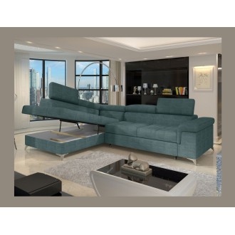 Canapé d’angle convertible PALAZZO 4 places vert bleu – angle gauche avec coffre 