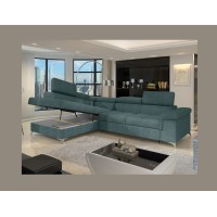 Canapé d’angle convertible PALAZZO 4 places vert bleu – angle gauche avec coffre 