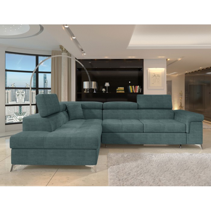 Canapé d’angle convertible PALAZZO 4 places vert bleu – angle gauche avec coffre 