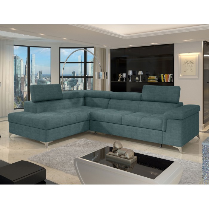Canapé d’angle convertible PALAZZO 4 places vert bleu – angle gauche avec coffre 