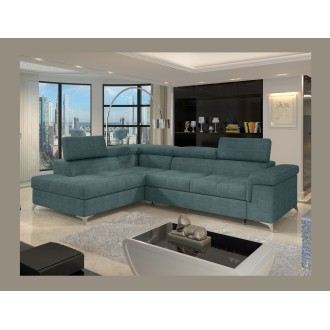Canapé d’angle convertible PALAZZO 4 places vert bleu – angle gauche avec coffre 
