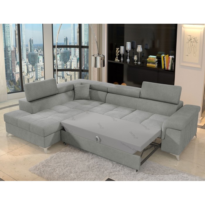 Canapé d’angle convertible PALAZZO 4 places gris clair – angle gauche avec coffre 