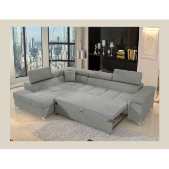 Canapé d’angle convertible PALAZZO 4 places gris clair – angle gauche avec coffre 