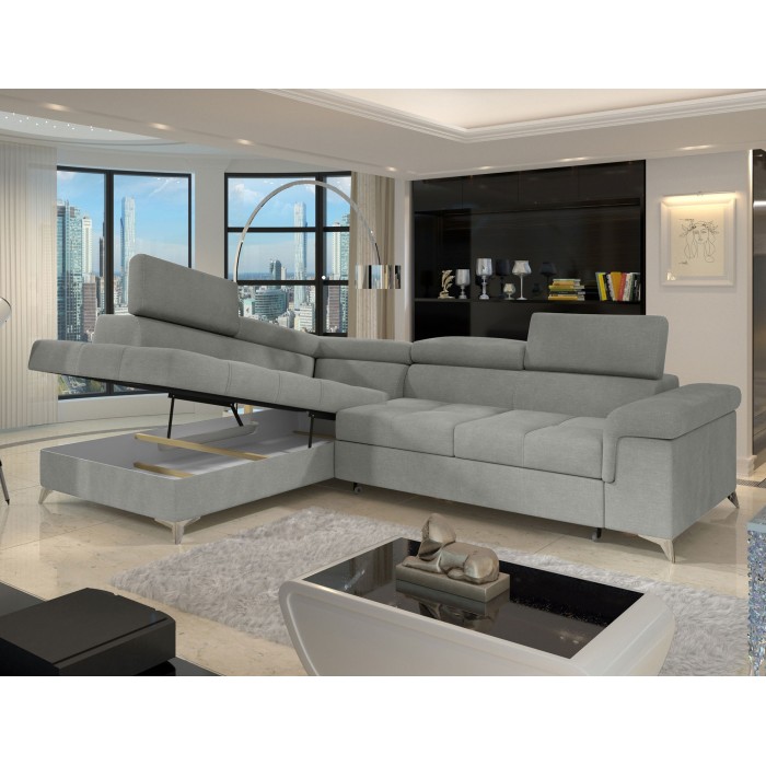 Canapé d’angle convertible PALAZZO 4 places gris clair – angle gauche avec coffre 