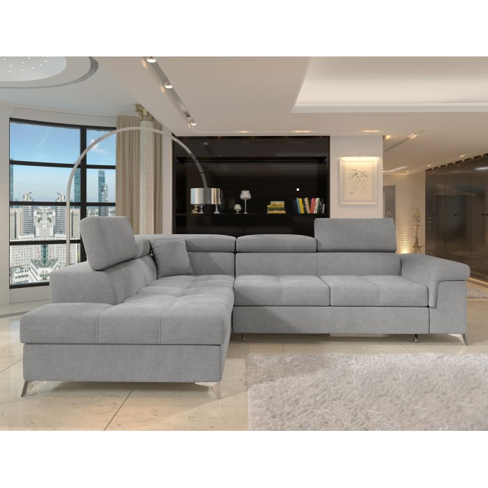 Canapé d’angle convertible PALAZZO 4 places gris clair – angle gauche avec coffre 
