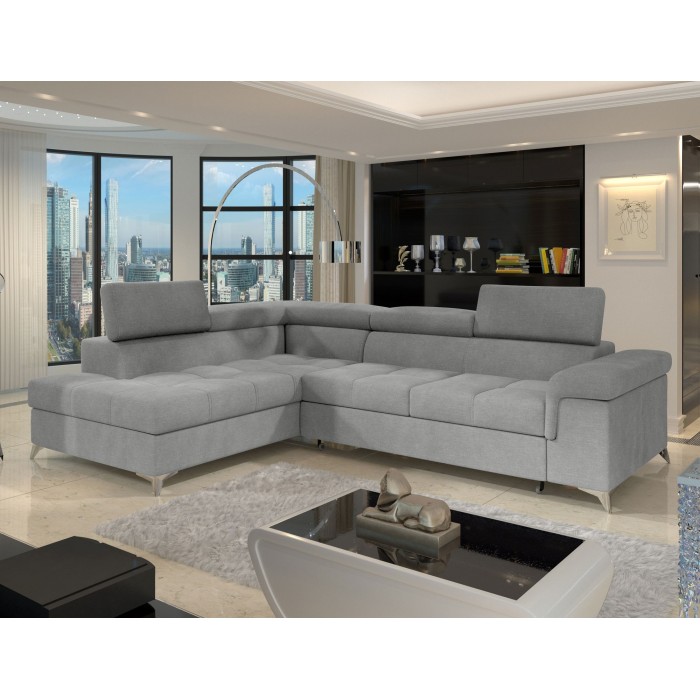 Canapé d’angle convertible PALAZZO 4 places gris clair – angle gauche avec coffre 