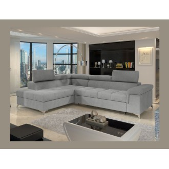 Canapé d’angle convertible PALAZZO 4 places gris clair – angle gauche avec coffre 