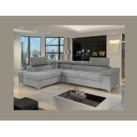 Canapé d’angle convertible PALAZZO 4 places gris clair – angle gauche avec coffre 