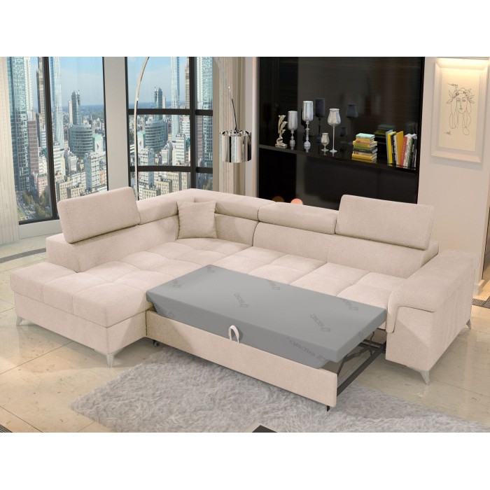 Canapé d’angle convertible PALAZZO 4 places beige – angle gauche avec coffre 