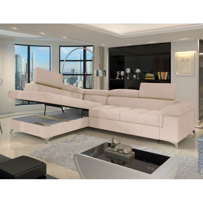 Canapé d’angle convertible PALAZZO 4 places beige – angle gauche avec coffre 