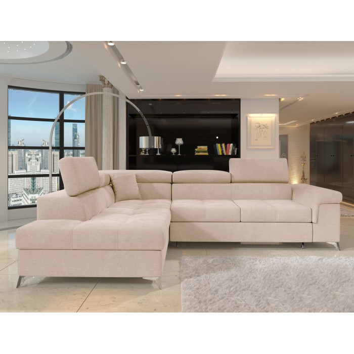 Canapé d’angle convertible PALAZZO 4 places beige – angle gauche avec coffre 
